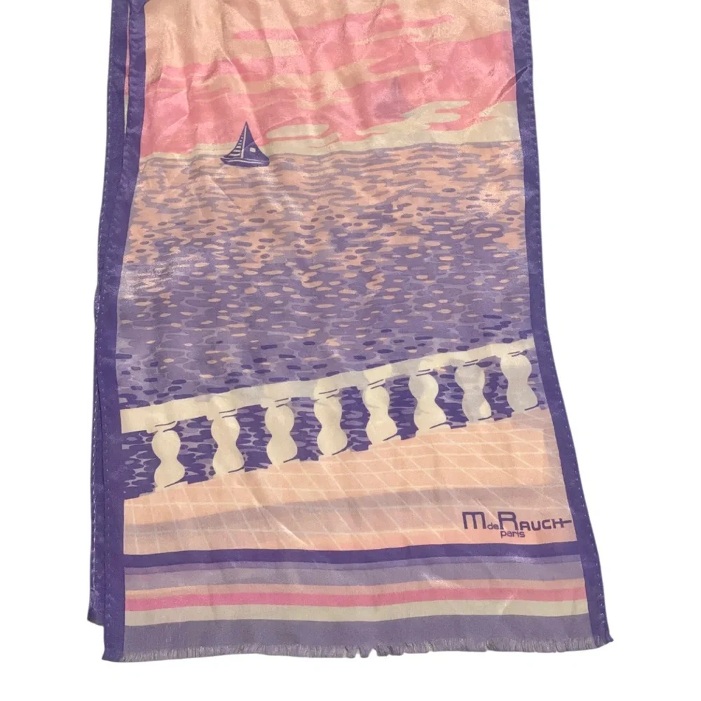 MADELEINE DE RAUCH Paris Silk Scarf Pink Purple Coastal Sailboat Scarf Or Belt